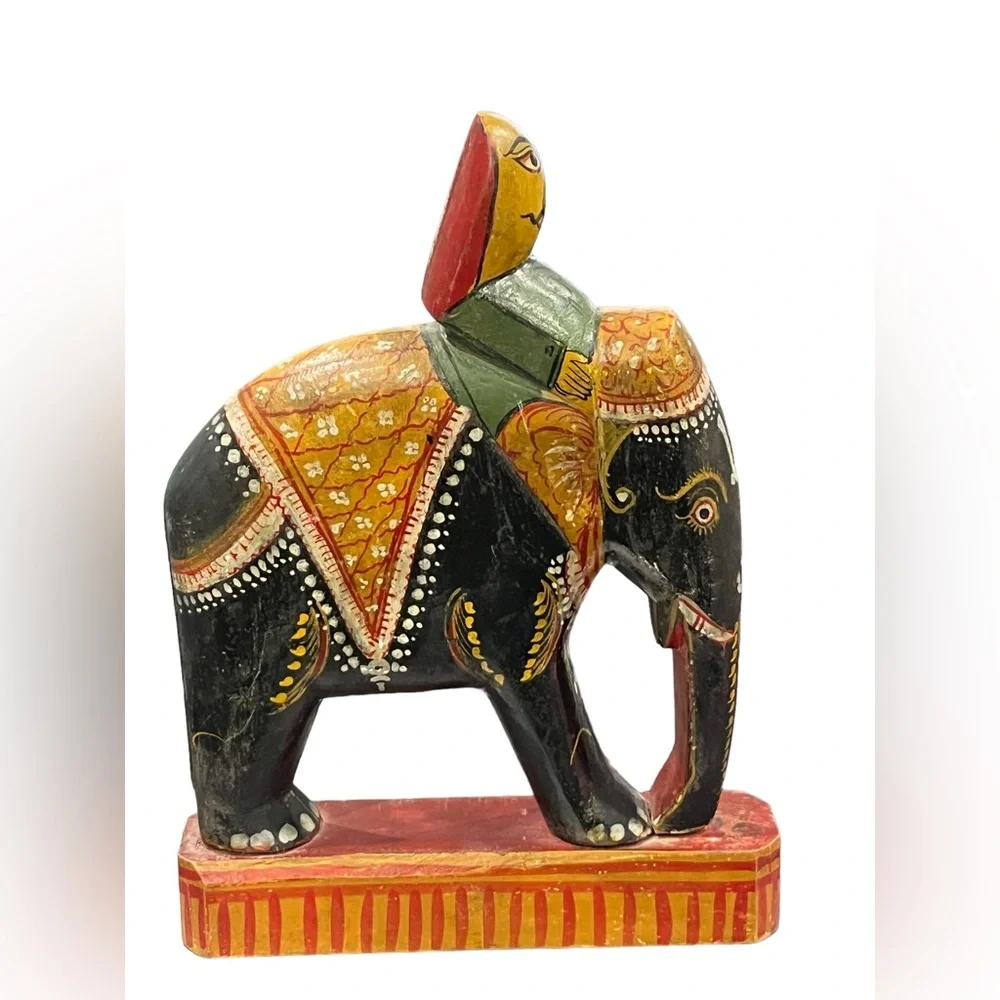 VINTAGE HANDMADE HANDPAINTED INDIAN ELEPHANT FIGURINE WITH RIDER - Picture 1 of 5